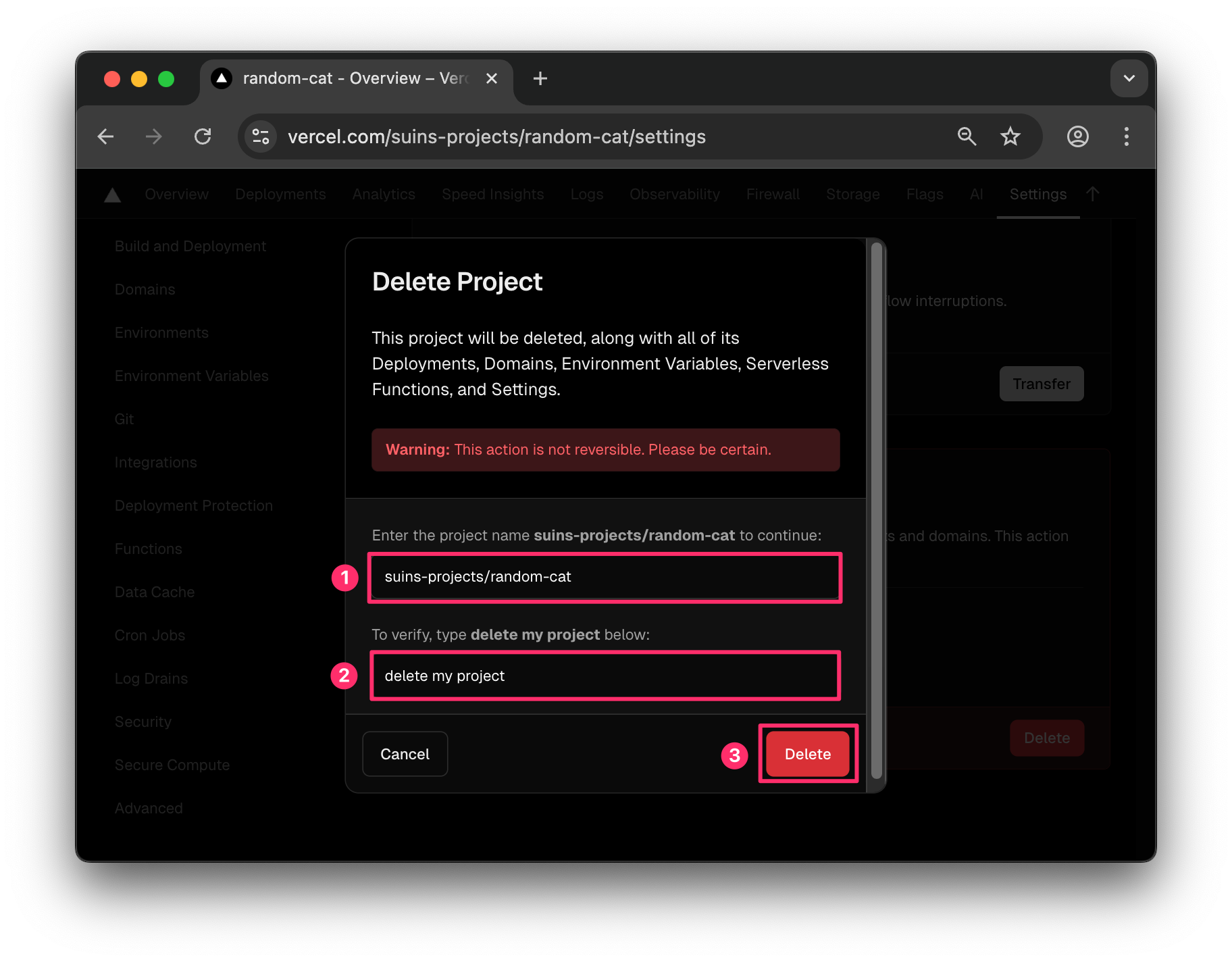 Vercelのプロジェクト削除ダイアログで、削除確認として2つの入力欄にプロジェクト名と「delete my project」の文言が入力され、「Delete」ボタンが強調表示されている。